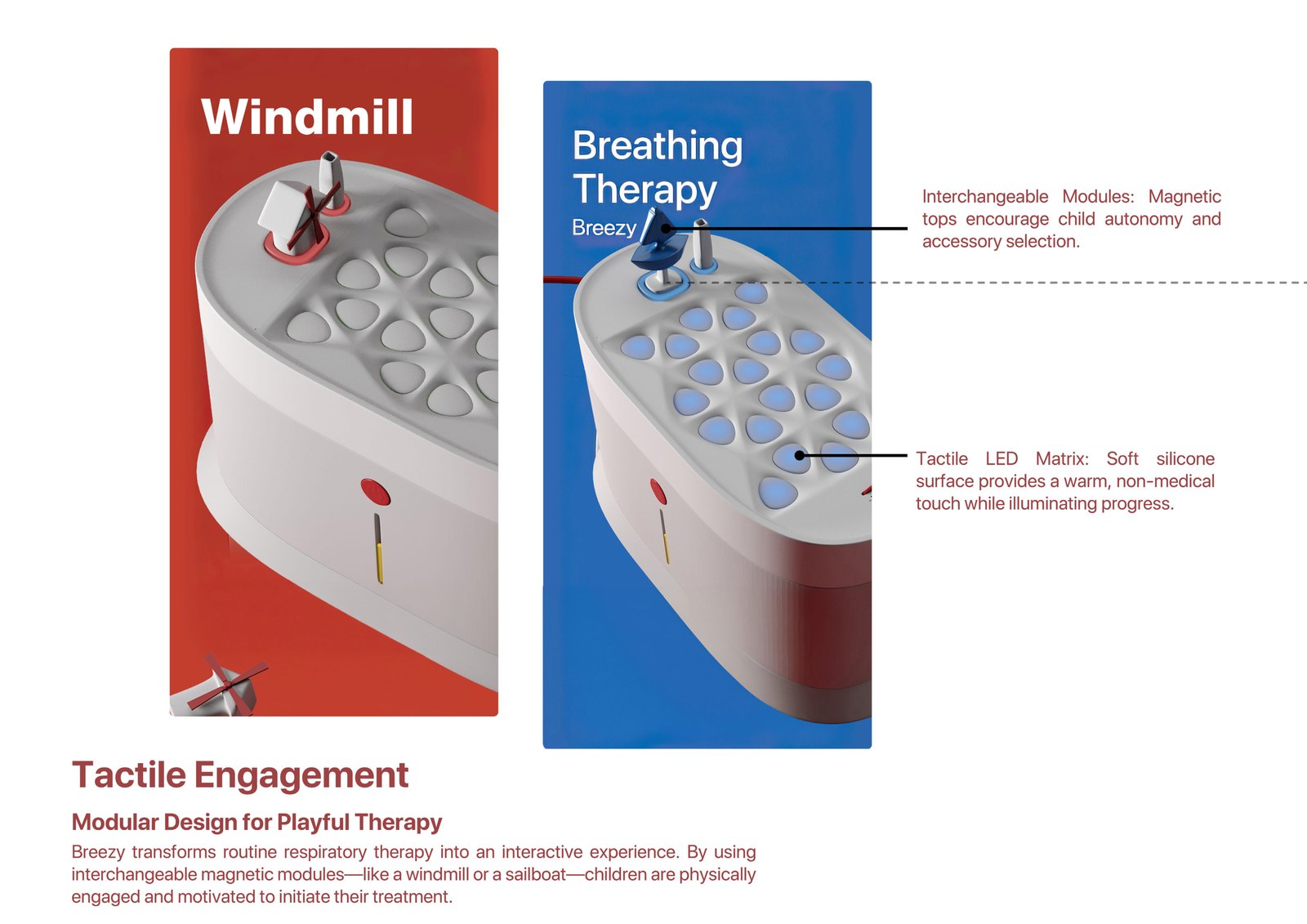 Windmill and Breathing Therapy interchangeable module variants on the Breezy device, with callouts for the magnetic module system and the tactile LED matrix