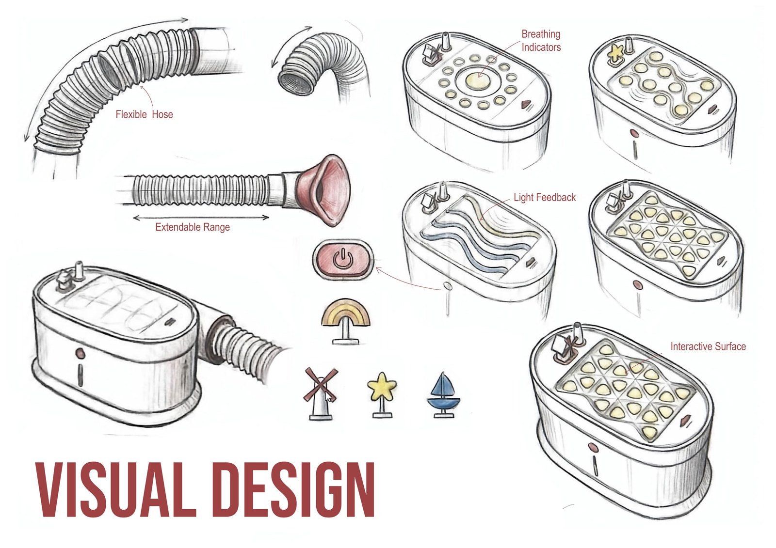 Hand sketches exploring the flexible hose and mask geometry, breathing indicator concepts, and the windmill, star and sailboat accessory icons for Breezy