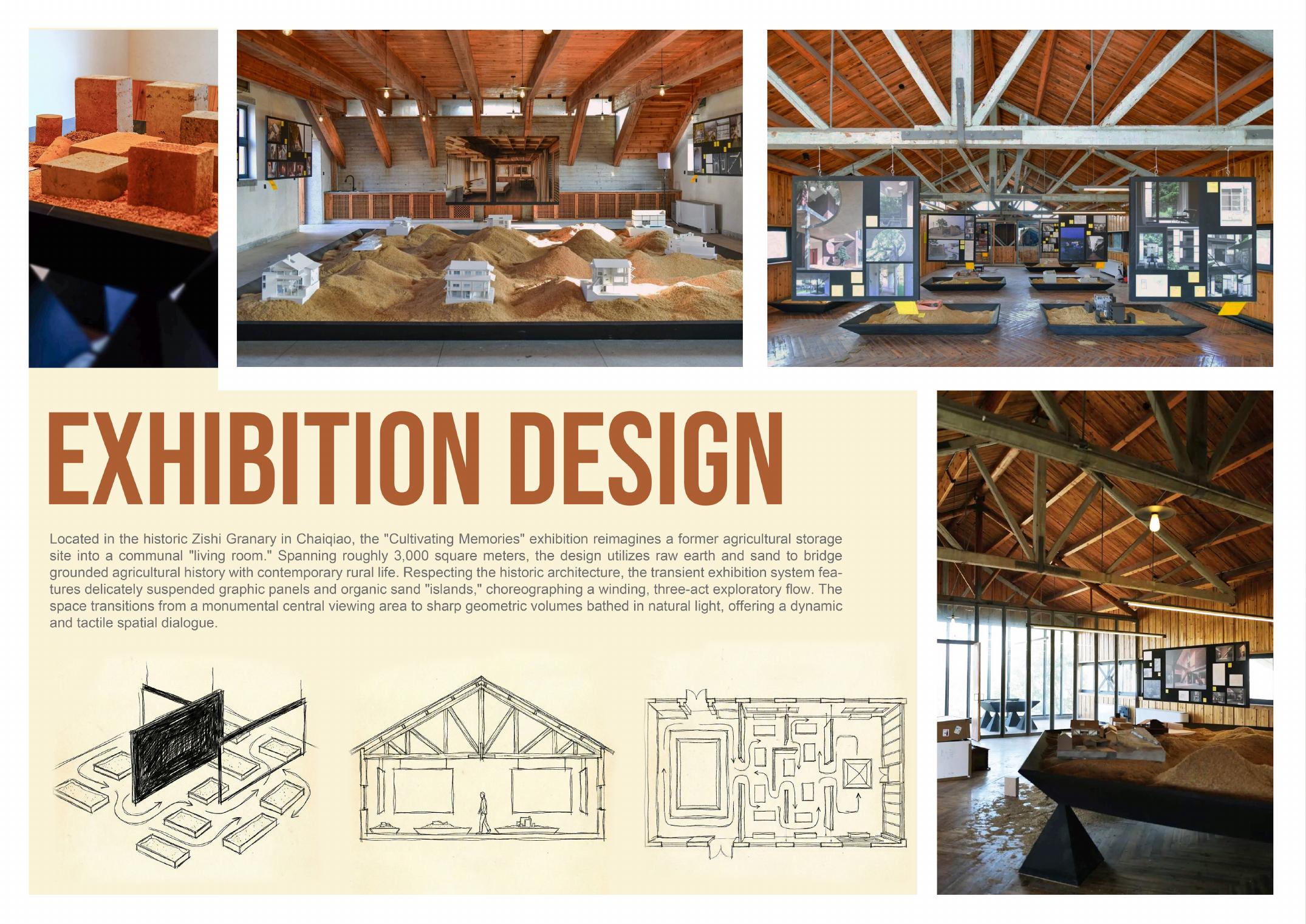 Cultivating Memories exhibition design board with interior installation photos, models, sketches and spatial plan