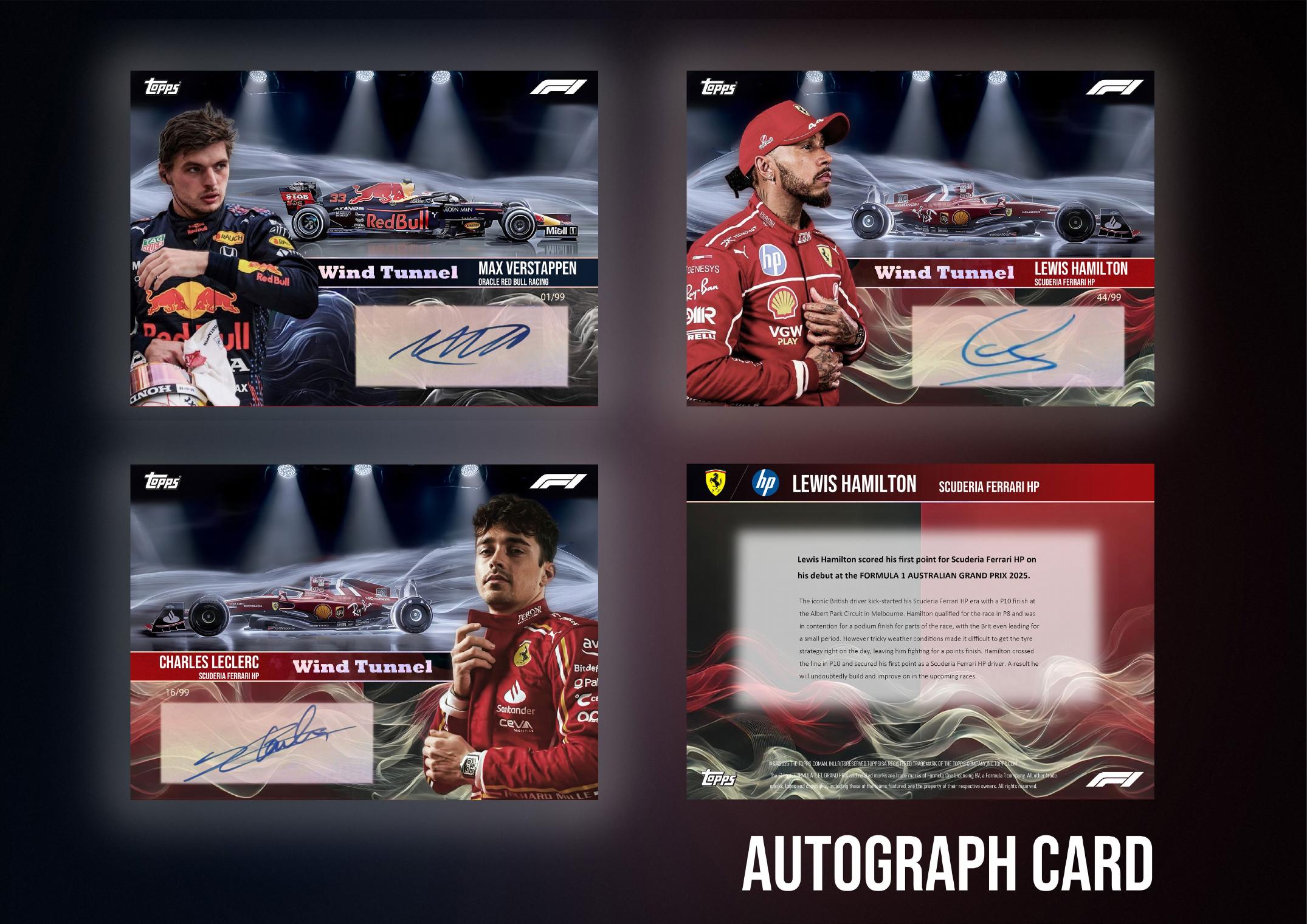 Formula 1 autograph sports card concept with signature panel, driver portrait and race car motion graphics