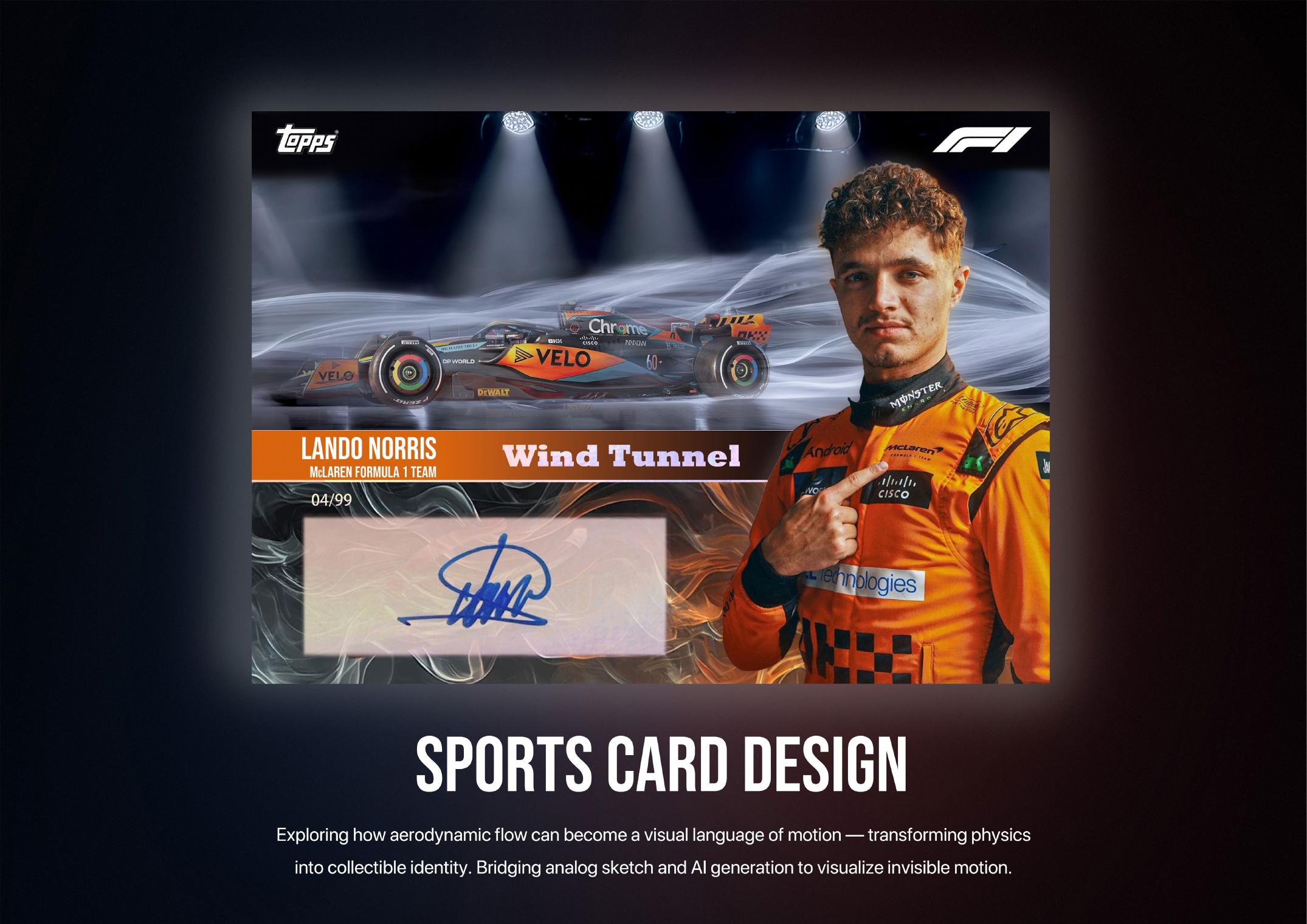 Sports card design cover showing Formula 1 driver, race car and motion-trail visual language