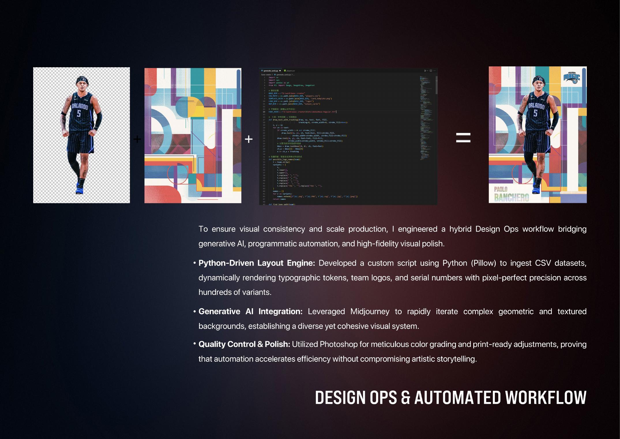 Design operations and automated workflow board for Formula 1 sports card generation