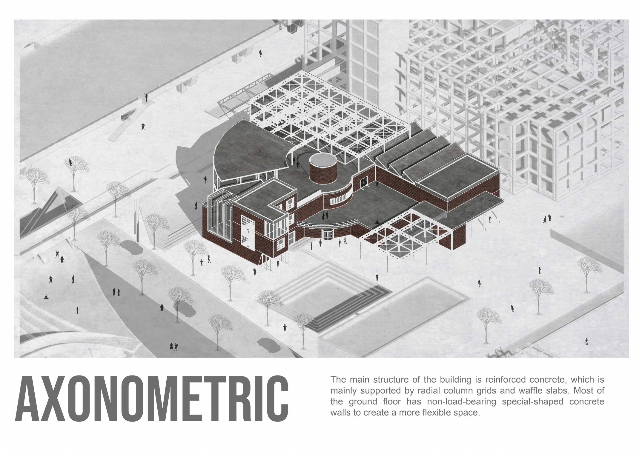 Axonometric drawing of the Light House cultural centre showing spatial layers and circulation