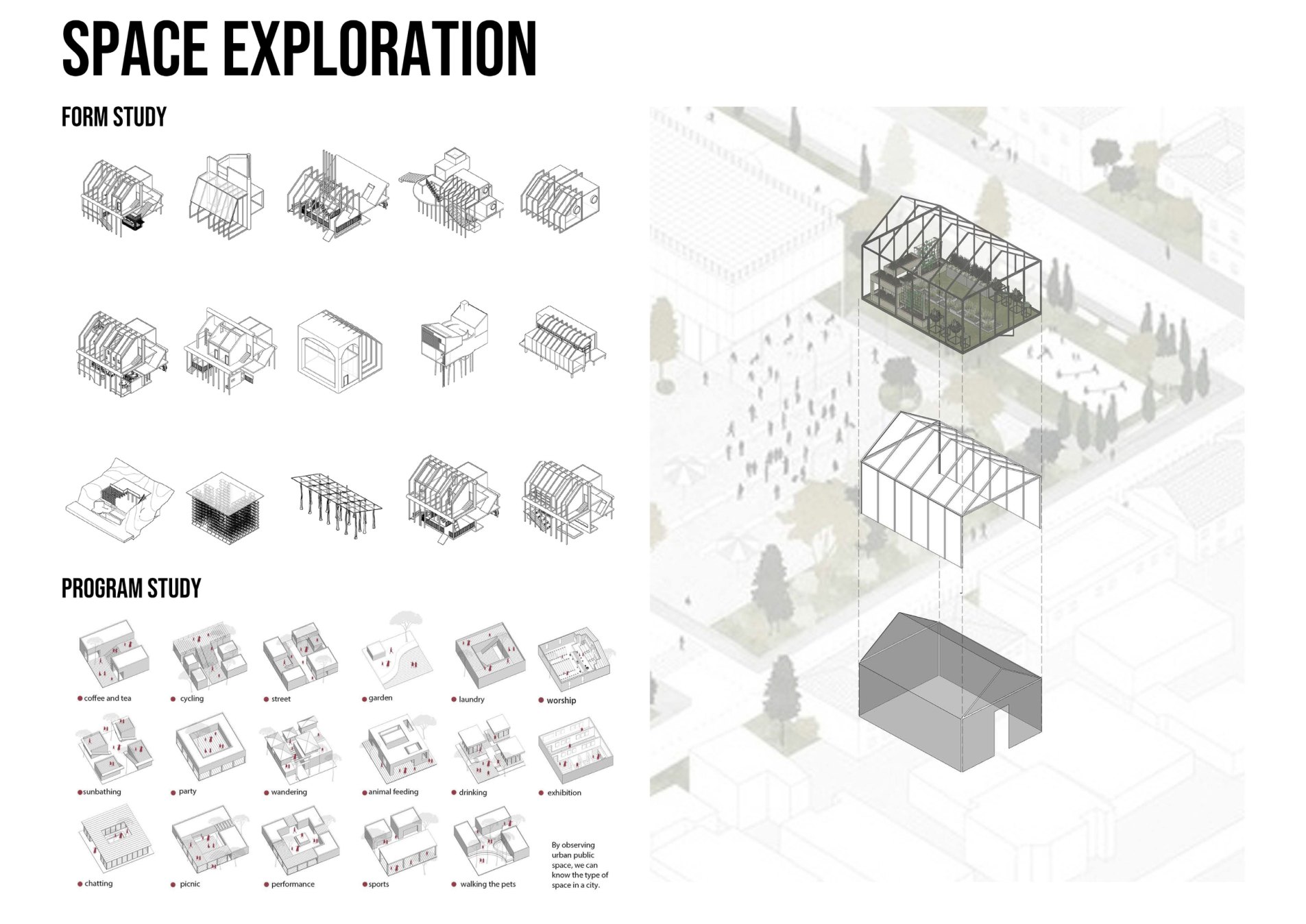 Space exploration board for The Flora Transit with form studies, program studies and exploded axonometric structure