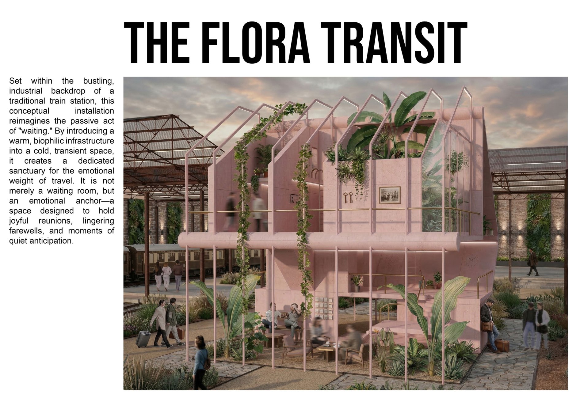 The Flora Transit station installation cover board with a pink biophilic greenhouse structure inside a railway station